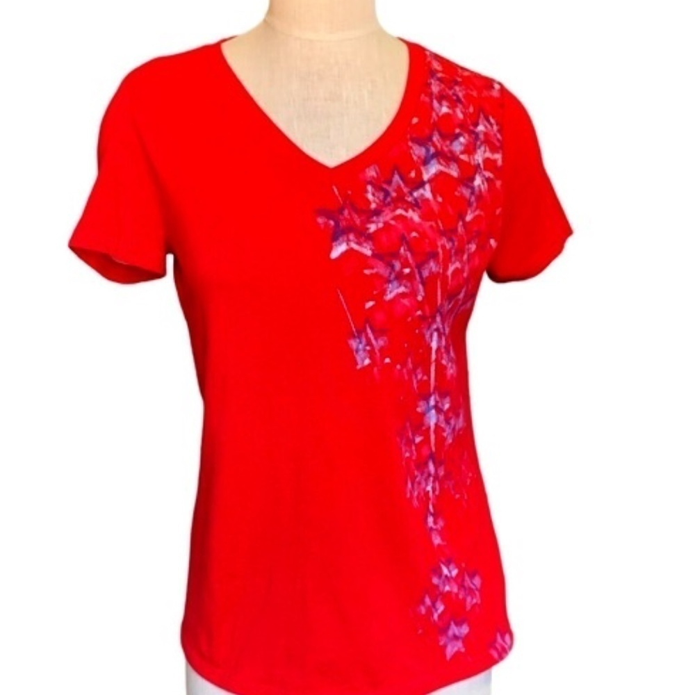 Red‎ Graphic Tee Celestial Stars USA 4th of July Sz S Women's S #239H